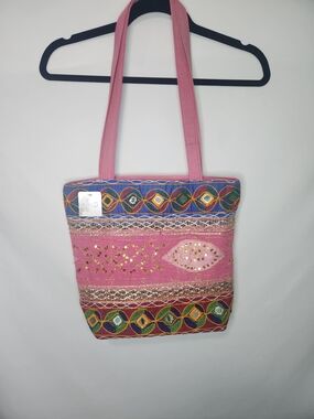 Studio35 Handcrafted India Boho Mirror Embroidered Tote Bag Pink Tribal Gypsy